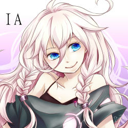 Rule 34 | 1girl, bare shoulders, blue eyes, braid, character name, ia (vocaloid), long hair, lowres, mairu hana, pink hair, portrait, smile, solo, twin braids, upper body, vocaloid