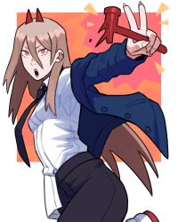 Rule 34 | 1girl, black necktie, black pants, blonde hair, blue jacket, chainsaw man, collared shirt, cross-shaped pupils, hair between eyes, hammer, highres, holding, holding hammer, holding weapon, horns, jacket, jbbetz, long hair, looking at viewer, looking back, necktie, open mouth, orange eyes, pants, power (chainsaw man), red horns, sharp teeth, shirt, shirt partially tucked in, solo, symbol-shaped pupils, teeth, two-tone background, weapon, white shirt