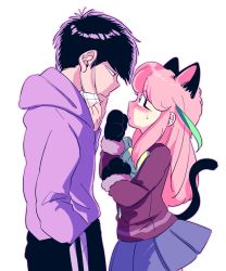 Rule 34 | 10s, 1boy, 1girl, animal ears, animal hands, bad id, bad twitter id, black hair, blazer, blush, cat ears, cat paws, cat tail, gloves, hand in pocket, hashimoto nyaa, highres, hood, hoodie, jacket, looking down, mask, matsuno ichimatsu, mouth mask, multicolored hair, osomatsu-kun, osomatsu-san, osomatsu (series), paw gloves, pink hair, revision, shakata (syakatan), simple background, skirt, streaked hair, surgical mask, sweatdrop, tail, white background