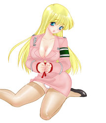 Rule 34 | 1girl, akimoto katherine reiko, aqua eyes, armband, artist request, blonde hair, blue eyes, blush, bound, bound wrists, breasts, cameltoe, cleavage, kochikame, large breasts, long hair, looking at viewer, panties, pantyshot, police, police uniform, policewoman, simple background, solo, thighhighs, underwear, uniform, white background