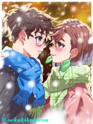 1boy 1girl ayase_momo black_hair blush brown_eyes brown_hair couple dandadan earrings gakuran glasses highres jewelry looking_at_another oekakikotarou pink_sweater round_eyewear school_uniform snow snowflakes sweater takakura_ken_(dandadan)