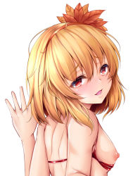 Rule 34 | 1girl, :d, aki shizuha, back, bare shoulders, blonde hair, blush, breastless clothes, breasts, hair ornament, hairband, koza900, leaf, leaf hair ornament, nipples, open mouth, red eyes, short hair, shoulder blades, sidelocks, simple background, small breasts, smile, solo, touhou, white background