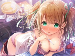Rule 34 | 1girl, ass, blurry, blurry background, blush, bow, bowl, bra, breasts, cleavage, clothes pull, digital thermometer, frilled bra, frills, green eyes, green ribbon, hair ribbon, highres, indoors, large breasts, leaning forward, looking at viewer, matokechi, open clothes, open mouth, open shirt, original, panties, pink bow, pink bra, pink panties, plaid, plaid skirt, ribbon, school uniform, short sleeves, skirt, skirt pull, solo, strap slip, thermometer, two side up, underwear, unworn bow, unworn skirt