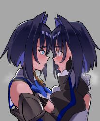 Rule 34 | absurdres, after kiss, blue eyes, blue hair, blush, bow, clothing cutout, detached sleeves, dual persona, female focus, female masturbation, gloves, grey background, hair intakes, hands on another&#039;s face, highres, hololive, hololive english, koizumi arata, masturbation, multicolored hair, multiple girls, ouro kronii, ouro kronii (1st costume), saliva, saliva trail, selfcest, short hair, sweat, virtual youtuber, yuri