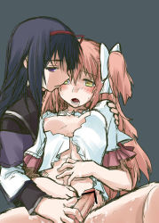 Rule 34 | 10s, 2girls, akemi homura, black hair, blush, bow, breast slip, breasts, breasts out, censored, cum, cum on body, cum on lower body, drooling, futa with female, futanari, grey background, hair bow, hair ribbon, hand on own stomach, handjob, kaname madoka, long hair, magical girl, mahou shoujo madoka magica, mahou shoujo madoka magica (anime), multiple girls, mura (kiyohime), nipples, one breast out, open clothes, open mouth, open shirt, parted lips, penis, pink hair, purple eyes, purple hair, reach-around, red ribbon, ribbon, shirt, simple background, small breasts, spoilers, spread legs, two side up, ultimate madoka, yellow eyes