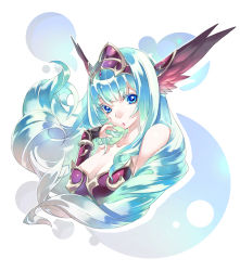 Rule 34 | 1girl, :o, aqua hair, armor, bare shoulders, blue eyes, blue hair, breasts, cleavage, eyelashes, finger to face, gradient hair, green hair, kousaki rui, long hair, looking at viewer, matching hair/eyes, multicolored hair, pink hair, solo, upper body, valkyrie, winged hat