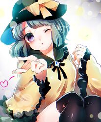 Rule 34 | ;o, asymmetrical bangs, black bow, black bowtie, black headwear, black thighhighs, blue eyes, bow, bowtie, collar, collared shirt, commentary request, diamond brooch, fingernails, frilled collar, frilled sleeves, frills, green collar, green hair, green skirt, hat, hat bow, heart, highres, komeiji koishi, long sleeves, looking at viewer, miniskirt, one-hour drawing challenge, one eye closed, open mouth, outstretched hand, shirt, short hair, sitting, skirt, sleeves past wrists, sparkle, suzune hapinesu, thighhighs, touhou, triangle, white background, wide sleeves, yellow bow, yellow shirt