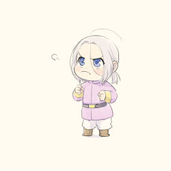 Rule 34 | 1boy, :t, arslan, arslan senki, belt, blush, boots, chibi, clenched hands, closed mouth, full body, grey hair, hair between eyes, jacket, kayori (omochi), long sleeves, looking up, male focus, pants, parted bangs, ponytail, pout, puff of air, purple jacket, simple background, solo, white background, white pants