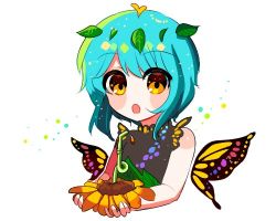 Rule 34 | 1girl, antennae, aqua hair, bad id, bad twitter id, beryllium (wintermerry), butterfly wings, detached wings, dress, drinking straw, eternity larva, fairy, flower, green dress, hair between eyes, holding, holding flower, insect wings, leaf, leaf on head, lowres, multicolored clothes, multicolored dress, open mouth, orange eyes, short hair, simple background, single strap, solo, sunflower, third-party source, touhou, upper body, white background, wings, yellow flower