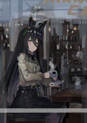 Rule 34 | 1boy, 2girls, ahoge, animal ears, black hair, black legwear, black skirt, book, bookshelf, brown eyes, brown shirt, cafe, chair, closed mouth, commentary request, cup, ear piercing, feet out of frame, hair between eyes, highres, holding, holding cup, holding saucer, horse ears, horse girl, horse tail, long sleeves, looking at viewer, manhattan cafe (umamusume), multiple girls, on chair, pantyhose, piercing, pleated skirt, saucer, shirt, sitting, skirt, solo focus, steam, table, tail, the olphy, umamusume, window