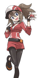 Rule 34 | 10s, 1girl, absurdres, belt, black pants, blue eyes, brown hair, collar, commentary, eyebrows, female protagonist (pokemon go), fingerless gloves, gloves, hat, highres, knees together feet apart, leggings, open mouth, pants, poke ball, pokemon, pokemon go, ponytail, red shorts, shorts, smile, solo, standing, standing on one leg, sweater, white background, yamamoto souichirou