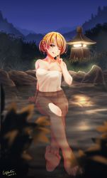 Rule 34 | 1girl, 2020, ;q, barefoot, blonde hair, breasts, ciphotis, cleavage, collarbone, dated, highres, isshiki iroha, looking at viewer, medium breasts, naked towel, night, one eye closed, onsen, outdoors, partially submerged, short hair, signature, sitting, solo, tongue, tongue out, towel, white towel, yahari ore no seishun lovecome wa machigatteiru., yellow eyes