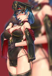 Rule 34 | 1girl, absurdres, akasaai, anchor symbol, aqua eyes, bare shoulders, black dress, black gloves, black panties, black thighhighs, blue gemstone, blue hair, blush, bracelet, breasts, china dress, chinese clothes, cleavage, cloak, commentary request, covered erect nipples, covered navel, cowboy shot, detached collar, dress, finger to mouth, garter straps, gem, gloves, groin, hair between eyes, hand on own stomach, hat, highleg, highleg panties, highres, jewelry, large breasts, looking away, military hat, off shoulder, original, panties, peaked cap, pelvic curtain, see-through, shiny skin, short dress, short hair, sidelocks, skindentation, solo, thighhighs, underwear, zoom layer