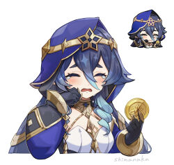 Rule 34 | 1girl, ^ ^, black gloves, blue hair, blush, breasts, chibi, closed eyes, coin, commentary request, cropped torso, crying, drill hair, genshin impact, genshin impact sticker redraw (meme), gloves, hair between eyes, holding, holding coin, hood, jewelry, layla (genshin impact), long hair, long sleeves, meme, mora (genshin impact), multiple views, neck ring, shimanakao (shimanaka sushi), small breasts, tears, upper body, very long hair