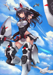 Rule 34 | 1girl, absurdres, agatsuma kaede, alice gear aegis, animal ears, bird, black eyes, black hair, blue eyes, blue sky, bodysuit, breasts, closed mouth, cloud, covered navel, elbow gloves, fake animal ears, gloves, hand up, highres, holding, holding sword, holding weapon, ko-ma, large breasts, leotard, long hair, looking at viewer, mecha musume, medium breasts, no panties, outdoors, seagull, sky, solo, sword, thighhighs, thighs, weapon, white gloves, white thighhighs