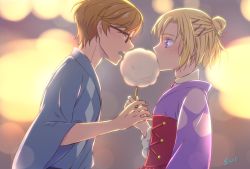 Rule 34 | 2boys, aisaki masato, androgynous, bishounen, blonde hair, blue eyes, brown hair, cotton candy, closed eyes, facing another, food, glasses, holding, holding food, hugtto! precure, japanese clothes, kimono, looking at another, male focus, multiple boys, precure, short hair, sui (w number2), trap, wakamiya henri, yaoi, yukata
