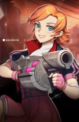 Rule 34 | 1girl, blue eyes, brown hair, character name, fingerless gloves, gloves, grin, highres, looking at viewer, miniskirt, nora valkyrie, pink gloves, pink lips, pink skirt, pleated skirt, rwby, short hair, signature, skirt, smile, solo, uyalago
