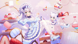 Rule 34 | 1girl, :o, animal, animal ear fluff, animal ears, black bow, blue bow, blue dress, blue eyes, blue flower, blue footwear, blurry, blush, bonnet, bow, breasts, bug, butterfly, cake, cake slice, cat ears, chair, chibi, closed mouth, commentary request, cup, depth of field, dress, flower, food, frilled dress, frills, fruit, hair between eyes, hair bow, hair ornament, heart, heart hair ornament, high heels, highres, insect, knees together feet apart, lemon, lolita fashion, long hair, marshmallow, medium breasts, momoshiki tsubaki, noripro, official art, pantyhose, parted lips, shirayuki mishiro, shoe soles, shoes, smile, standing, standing on one leg, strawberry, sweet lolita, tea, teacup, teapot, tiered tray, very long hair, virtual youtuber, white dress, white hair, white pantyhose