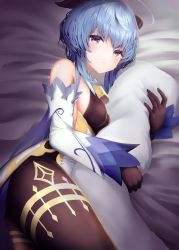 Rule 34 | 1girl, absurdres, ahoge, bare shoulders, bed sheet, bell, black gloves, black legwear, blue hair, blush, breasts, curled horns, detached sleeves, ganyu (genshin impact), genshin impact, gloves, gold trim, highres, horns, long hair, looking at viewer, lying, medium breasts, neck bell, hugging object, on side, pillow, pillow hug, purple eyes, sidelocks, solo, sour8128, thighlet, thighs, white sleeves