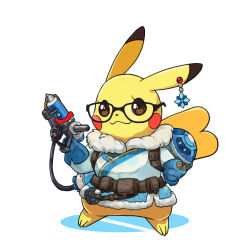Rule 34 | 1girl, :3, bad id, bad pixiv id, beads, black-framed eyewear, blue gloves, blush stickers, brown eyes, coat, cosplay, creatures (company), earrings, full body, game freak, gen 1 pokemon, glasses, gloves, gun, holding, holding gun, holding weapon, jewelry, mei (overwatch), mei (overwatch) (cosplay), nintendo, no humans, overwatch, overwatch 1, pikachu, pokemon, pokemon (creature), simple background, single earring, solo, standing, weapon, white background, zrae
