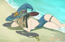 Rule 34 | 1girl, bare shoulders, beach, black hair, blue hat, blue one-piece swimsuit, blush, bow, breasts, closed mouth, covered navel, embarrassed, genshin impact, gold trim, green eyes, hat, hat bow, hat ornament, highres, long hair, looking to the side, lying, medium breasts, midfinger, mona (genshin impact), navel, on side, one-piece swimsuit, outdoors, ponytail holder, sand, shore, sideboob, solo, star (symbol), sweatdrop, swimsuit, thigh strap, thighs, twintails, untied swimsuit, water, wet, witch hat