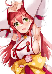 Rule 34 | 1girl, ahoge, armpits, arms up, blush, bow, breasts, cowboy shot, detached sleeves, green eyes, hair between eyes, hair ornament, hololive, kosuke (bb), large breasts, long hair, looking at viewer, nontraditional miko, open mouth, own hands together, paw print, paw print pattern, pink hair, sakura miko, sakura miko (1st costume), sideboob, simple background, smile, solo, tassel, virtual youtuber, white background, wide sleeves, wing collar, x hair ornament, yellow bow