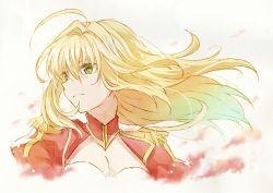 Rule 34 | 10s, 1girl, ahoge, blonde hair, breasts, cleavage, cropped torso, fate/extra, fate (series), floating hair, green eyes, hair between eyes, hair intakes, long hair, mishiro (andante), nero claudius (fate), nero claudius (fate) (all), nero claudius (fate/extra), shrug (clothing), simple background, small breasts, solo, upper body, white background