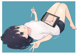 Rule 34 | 1girl, 1ssakawaguchi, absurdres, bad id, bad pixiv id, bare legs, barefoot, black hair, border, commentary request, drawing tablet, green background, highres, holding, holding drawing tablet, holding pen, knees up, looking at viewer, lying, original, outside border, panties, pen, shirt, short shorts, shorts, solo, soolo, striped clothes, striped panties, translation request, underwear, v, white border, white shirt, x-ray