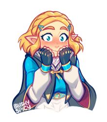Rule 34 | 1girl, artist name, black cape, blue eyes, blush, blushyspicy, braid, cape, closed mouth, cropped torso, crown braid, fingerless gloves, gloves, hair ornament, hairclip, hands up, long sleeves, nintendo, outline, parted bangs, princess zelda, short hair, smile, solo, the legend of zelda, the legend of zelda: tears of the kingdom, transparent background, upper body, wavy mouth, white outline