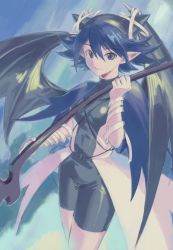 Rule 34 | 1girl, bat wings, black wings, blue capelet, blue eyes, blue hair, capelet, closed mouth, covered navel, dark blue hair, flipped hair, holding, looking at viewer, overskirt, pointy ears, riviera, serene (riviera), short hair, smile, solo, turtleneck, unitard, vaison, wings