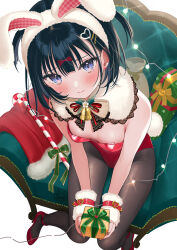Rule 34 | 1girl, animal ear headwear, animal ears, bell, belt, black hair, blue eyes, blush, box, breasts, buckle, candy, candy cane, christmas lights, cleavage, closed mouth, couch, ear piercing, fake animal ears, food, gift, gift bag, gift box, green ribbon, hair ornament, hair ribbon, hairclip, hat, heart, heart-shaped buckle, highres, holding, holding gift, lace trim, leotard, looking at viewer, on couch, original, parted hair, piercing, playboy bunny, rabbit ears, red belt, red ribbon, ribbon, santa hat, short hair, sitting, small breasts, solo, tsukana (saba mizore)