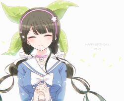 2girls 8takenokonosato8 ^_^ bell black_hair blue_serafuku blunt_bangs bow breasts buttons chabashira_tenko choker closed_eyes closed_mouth collarbone danganronpa_(series) danganronpa_v3:_killing_harmony dated dot_nose eyelashes female_pov floral_print green_bow hair_bow hair_ornament hairband happy happy_birthday holding_another&#039;s_wrist large_breasts light_blush long_hair long_sleeves low_twintails mole mole_under_mouth multiple_girls multiple_hair_bows neck_bell pink_choker pink_hairband pov sailor_collar school_uniform serafuku simple_background smile solo_focus straight-on triangle twintails upper_body very_long_hair white_background white_bow white_sailor_collar yumeno_himiko