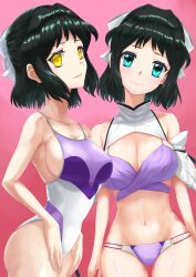 Rule 34 | 2girls, absurdres, bare arms, bare legs, black hair, blue eyes, bow, bra, breasts, closed mouth, coat, covered navel, dual persona, hair bow, highres, kohinata miku, large breasts, long hair, looking at viewer, medium hair, multiple girls, navel, one-piece swimsuit, panties, parted lips, pink background, purple bra, purple one-piece swimsuit, purple panties, senki zesshou symphogear, shem-ha, sidelocks, swimsuit, underwear, white bow, white coat, white one-piece swimsuit, yagikan (caru2338), yellow eyes