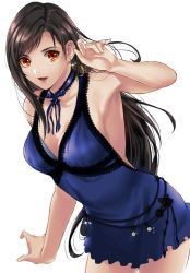 Rule 34 | 1girl, arm at side, armpits, bare arms, bare shoulders, beckey9415, black hair, blue bow, blue bowtie, blue dress, bow, bowtie, breasts, cleavage, crescent, crescent earrings, dress, earrings, final fantasy, final fantasy vii, final fantasy vii remake, frilled dress, frills, hand up, highres, jewelry, large breasts, leaning, leaning forward, lips, lipstick, long hair, looking at viewer, makeup, neck, official alternate costume, open mouth, orange eyes, pink lips, short dress, simple background, sleeveless, sleeveless dress, smile, square enix, standing, straight hair, string belt, swept bangs, tifa lockhart, tifa lockhart (refined dress), very long hair, wall market, white background