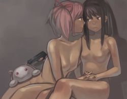 Rule 34 | 10s, 2girls, akemi homura, bad id, bad pixiv id, black hair, completely nude, face-to-face, gun, highres, holding hands, kaname madoka, kyubey, mahou shoujo madoka magica, mahou shoujo madoka magica (anime), multiple girls, navel, no nipples, nude, pink hair, smile, twintails, weapon, yomu (sgt epper), yuri