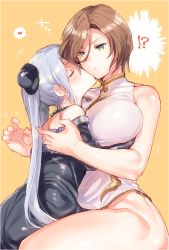 Rule 34 | !?, 2girls, bare arms, bare shoulders, bead necklace, beads, black dress, black hat, black knight (granblue fantasy), blush, breasts, brown hair, closed eyes, commentary request, dress, eno yukimi, fingernails, granblue fantasy, green eyes, hair between eyes, hands up, hat, heart, hug, jewelry, kiss, kissing cheek, large breasts, leotard, long hair, long sleeves, mini hat, multiple girls, necklace, orange background, orchis, parted lips, revision, short hair, sidelocks, silver hair, sitting, sleeveless, spoken heart, strapless, strapless dress, twintails, white leotard, yuri