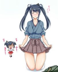 Rule 34 | 10s, 2girls, alternate costume, alternate hairstyle, black hair, blood, blush, breasts, cleavage, cosplay, closed eyes, fusou (kancolle), hair ornament, kantai collection, kuon (nokokopopo), large breasts, long hair, multiple girls, nosebleed, o o, shaded face, short hair, shoukaku (kancolle) (cosplay), smile, translation request, twintails, yamashiro (kancolle), zuikaku (kancolle), zuikaku (kancolle) (cosplay)