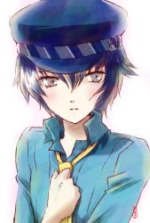 Rule 34 | 1girl, androgynous, atlus, bad id, bad pixiv id, blue eyes, blue hair, blush, cabbie hat, crossdressing, detective, female focus, hair between eyes, hat, holding tie, machinosuke, matching hair/eyes, necktie, nervous, open mouth, persona, persona 4, reverse trap, shirogane naoto, short hair, solo, wavy hair