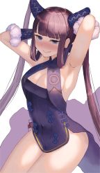 Rule 34 | 1girl, absurdres, armpits, arms behind head, arms up, bare shoulders, black dress, blue eyes, blunt bangs, blush, breasts, china dress, chinese clothes, cleavage, covered navel, detached sleeves, dress, fate/grand order, fate (series), grin, hair ornament, highres, hoshibudou, large breasts, long hair, looking at viewer, purple hair, side slit, sidelocks, smile, solo, thighs, twintails, very long hair, white background, yang guifei (fate)