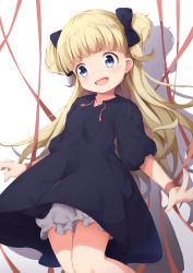 Rule 34 | 1girl, absurdres, anno (yukikaze 08), black dress, blonde hair, bloomers, blue eyes, bow, child, dress, emilico (shadows house), hair bow, highres, long hair, open mouth, ribbon, shadows house, simple background, smile, solo, two side up, underwear, white background, white bloomers, wrist ribbon