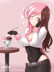 Rule 34 | 1girl, :t, artist name, black gloves, blush, bodysuit, breasts, brown hair, cleavage, closed eyes, covered navel, cowboy shot, cropped jacket, cslucaris, food, gloves, groin, hand on own face, happy, hip focus, ice cream, long hair, medium breasts, multicolored hair, name connection, neo politan, object namesake, pink background, pink hair, rwby, smile, solo, sparkle, split-color hair