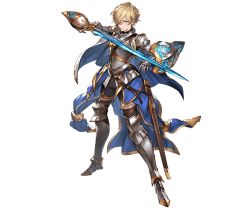 Rule 34 | 10s, 1girl, black shorts, blonde hair, blue eyes, brown thighhighs, buckler, cordelia (granblue fantasy), full body, gauntlets, granblue fantasy, hair over one eye, hair ribbon, holding, holding sword, holding weapon, minaba hideo, official art, reverse trap, ribbon, shield, short hair, shorts, solo, sword, thighhighs, transparent background, unsheathed, weapon, zettai ryouiki