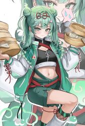 1girl absurdres baozi blush closed_mouth commentary crop_top double_bun earrings fang fishnets food food-themed_hair_ornament green_hair green_jacket green_shorts hair_bun hair_ornament hatsune_miku highres hoangryu holding jacket jewelry leg_ribbon leg_up long_hair long_sleeves midriff navel open_clothes open_jacket ribbon shorts skin_fang socks solo spoken_sweatdrop sweatdrop thigh_ribbon vocaloid white_background white_socks x_hair_ornament