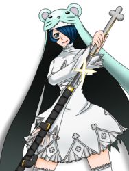 belt blue_eyes blue_hair digimon mouse_(animal) nun sistermon_ciel smile sword weapon