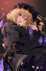 Rule 34 | 1girl, absurdres, ascot, black dress, black hat, black nails, blonde hair, cross, crystal wings, dress, flandre scarlet, hat, highres, juliet sleeves, long sleeves, looking at viewer, mob cap, open mouth, puffy sleeves, red ascot, red eyes, solo, touhou, usushio