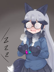 Rule 34 | 1girl, animal ears, aramaru, black-framed eyewear, black bow, black bowtie, black gloves, black hair, black necktie, black shirt, black skirt, blazer, blue jacket, bow, bowtie, coke-bottle glasses, commentary, extra ears, fox ears, fox tail, fur-trimmed sleeves, fur collar, fur trim, glasses, gloves, gradient hair, grey background, highres, holding, jacket, kemono friends, long hair, long sleeves, looking to the side, miniskirt, multicolored hair, necktie, open mouth, pleated skirt, round eyewear, saliva, shirt, silver fox (kemono friends), skirt, smile, smoke, solo, standing, tail, test tube, zzz