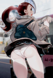 Rule 34 | 1girl, ass, backpack, bag, blush, brown eyes, city, dytm, from behind, highres, jacket, long hair, looking back, looking down, open mouth, original, panties, ponytail, red hair, scarf, school uniform, shiny skin, skirt, solo, underwear, upskirt