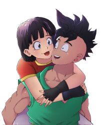 Rule 34 | black eyes, black hair, carrying, carrying person, cheek-to-cheek, dragon ball, fingerless gloves, gloves, happy, heads together, highres, hugged from behind, muscular, muscular male, pan (dragon ball), piggyback, smile, tagme, tongue, uub