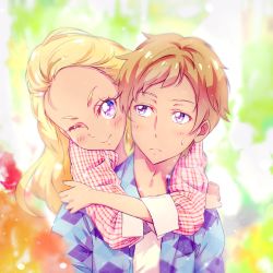 Rule 34 | 1boy, 1girl, ;), aged up, amamiya elena, amamiya touma, blonde hair, blurry, blurry background, blush, brother and sister, brown hair, cardigan, commentary request, dark skin, forehead, frown, highres, hug, hug from behind, kyoutsuugengo, long hair, long sleeves, looking at another, one eye closed, open cardigan, open clothes, portrait, precure, purple eyes, shirt, siblings, smile, star twinkle precure, sweatdrop, upper body