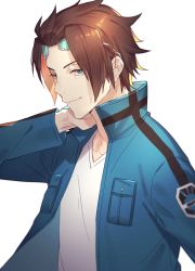 Rule 34 | 1boy, berry o t, blue eyes, blue jacket, brown hair, closed mouth, collared jacket, eyewear on head, glasses, jacket, jin yuuichi, long sleeves, looking at viewer, male focus, shirt, short hair, simple background, smile, solo, upper body, white background, white shirt, world trigger